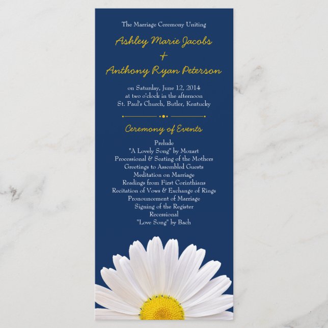 Shasta Daisy Flower Yellow Navy Wedding Program (Front)