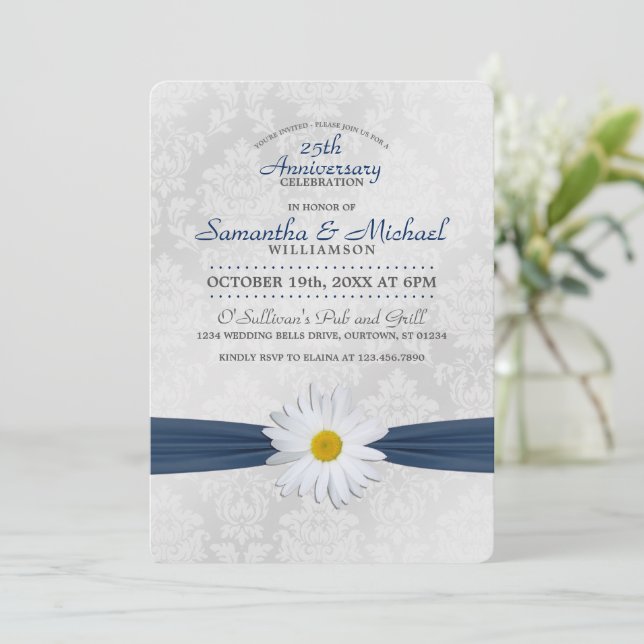 Shasta Daisy Navy Blue Anniversary Party Invitation (Standing Front)