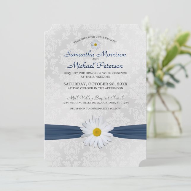 Shasta Daisy Navy Blue Ribbon Wedding Invitation (Standing Front)