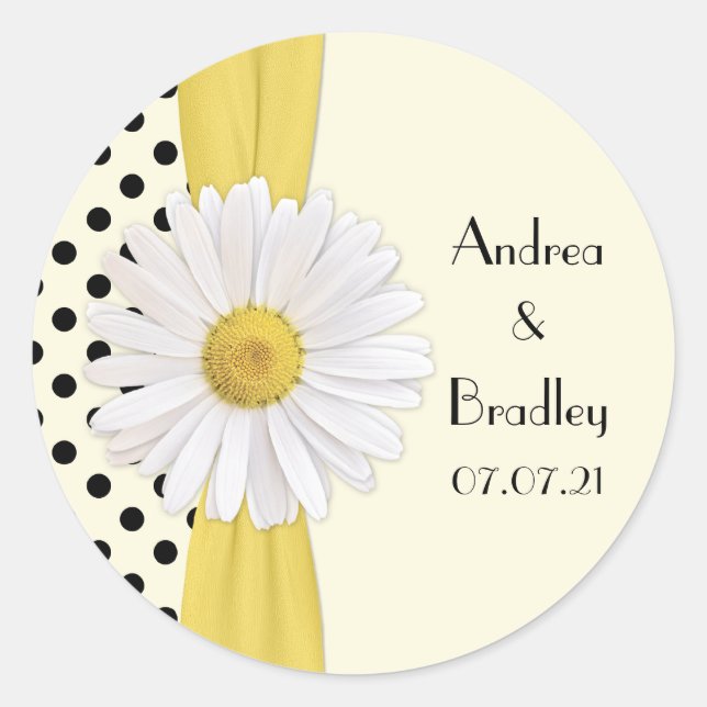 Shasta Daisy Polka Dot Personalized Wedding Classic Round Sticker (Front)