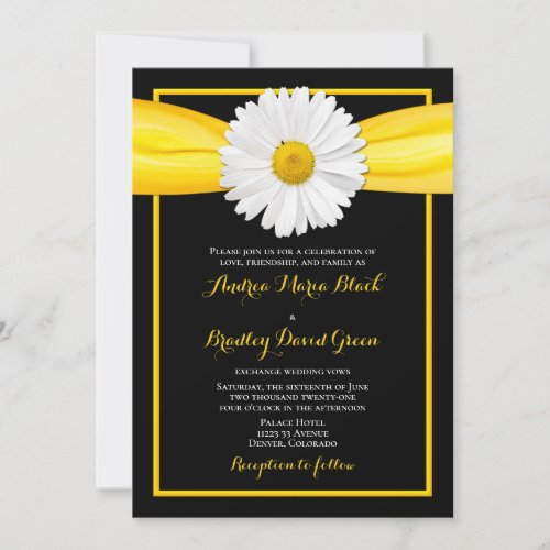 Shasta Daisy Yellow Ribbon Black Wedding Invitation