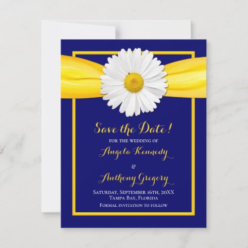 Shasta Daisy Yellow Ribbon Navy Blue Wedding Save The Date