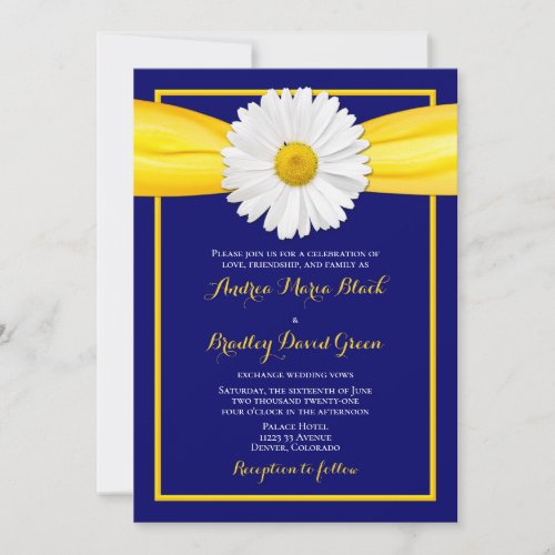 Shasta Daisy Yellow Ribbon Navy Wedding Invitation