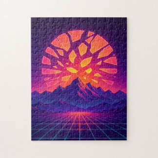 Shattered Neon Sun Over Synthwave Mountains Jigsaw Puzzle