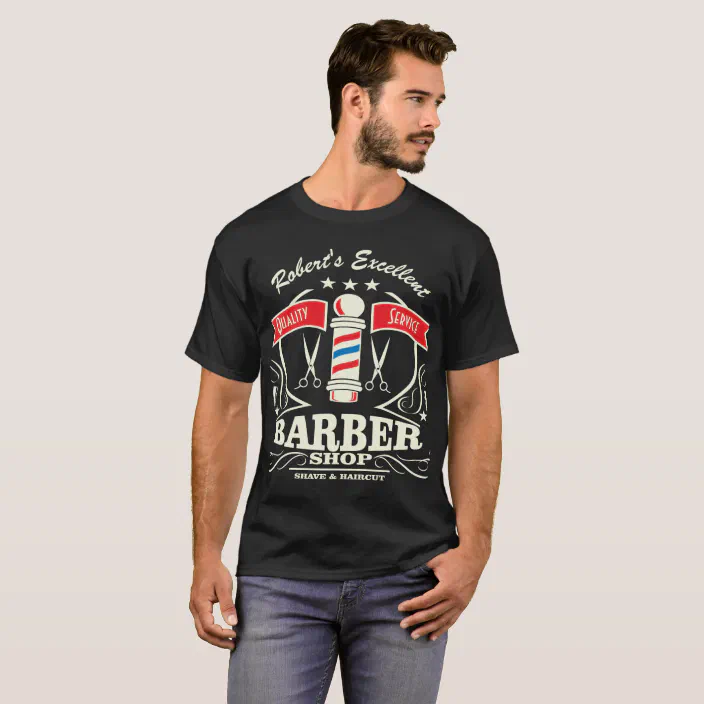 BARBERS POLE BARBERS SIGN T-SHIRTS PRINTED WITH YOUR BARBER SHOP NAME & LOGO 