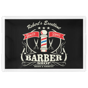 Shave Haircut Barbershop Pole Monogram Retro Acrylic Tray