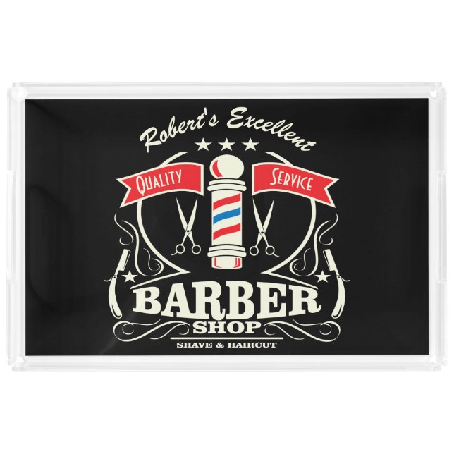 Shave Haircut Barbershop Pole Monogram Retro Acrylic Tray (Front)