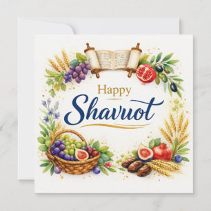 Shavuot Card, Watercolor, Fruit, Torah Scroll, Art