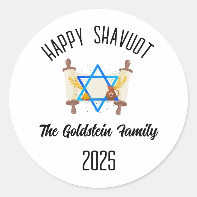 Shavuot Jewish Holiday Personalized Family Name Classic Round Sticker (Front)