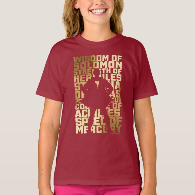 SHAZAM! | Abilities Golden Typography Graphic T-Shirt (Front)