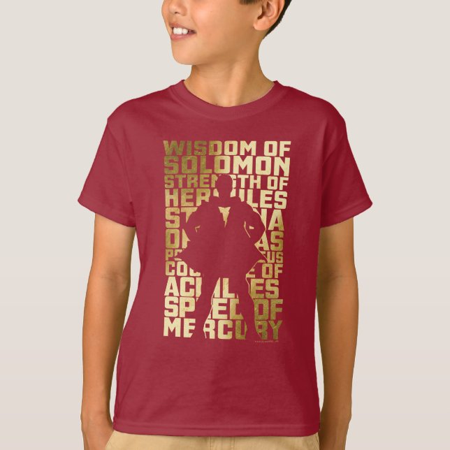 SHAZAM! | Abilities Golden Typography Graphic T-Shirt (Front)