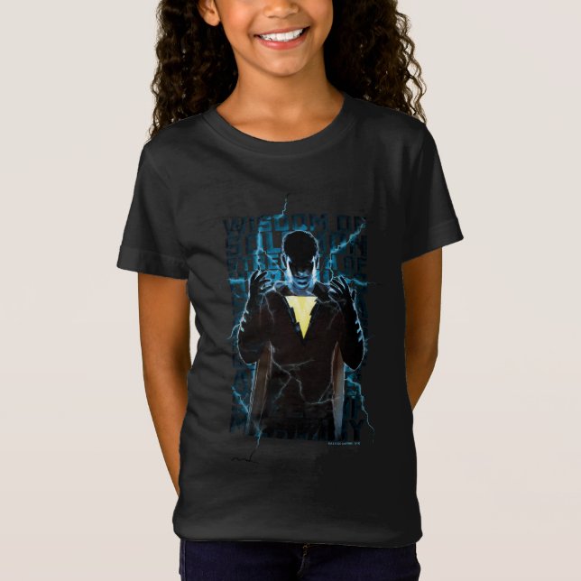 SHAZAM! | Shazam & Abilities Lightning Typography T-Shirt (Front)