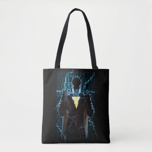 SHAZAM  Shazam  Abilities Lightning Typography Tote Bag