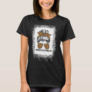 Shcool Counselor Women Messy Bun Leopard School T-Shirt