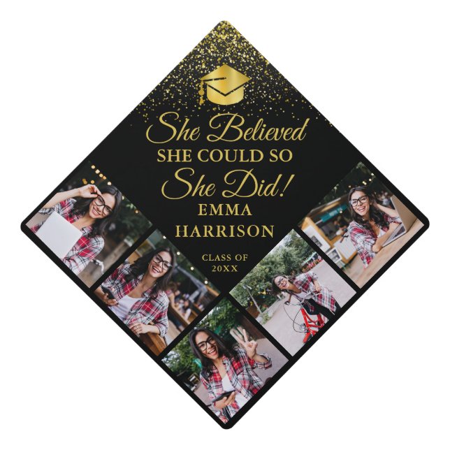 She Believed 5 photo Black And Gold Glitter  Graduation Cap Topper (Front)