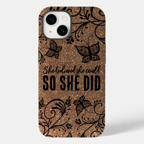 She Believed Gold Glitter Black Floral Butterfly   Case_Mate iPhone 14 Case