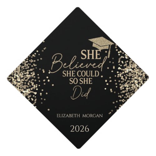  She Believed Gold Glitter Grad Cap,Dots 