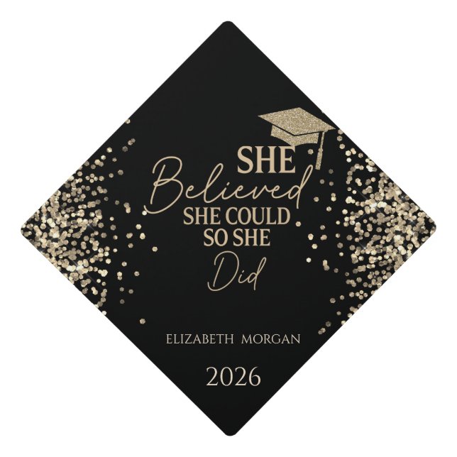  She Believed Gold Glitter Grad Cap,Dots  Graduation Cap Topper (Front)