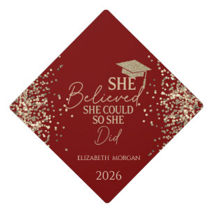  She Believed Gold Glitter Grad Cap,Dots Red Graduation Cap Topper