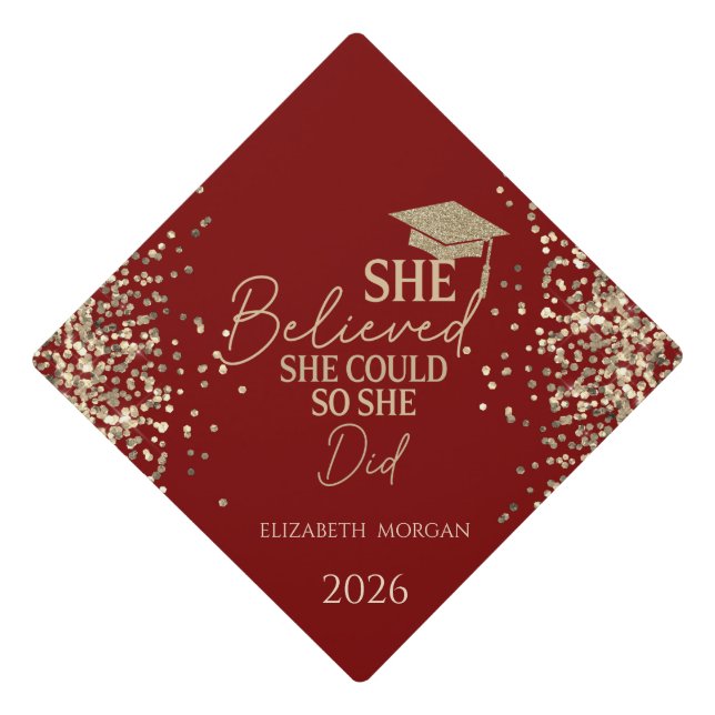  She Believed Gold Glitter Grad Cap,Dots Red Graduation Cap Topper (Front)