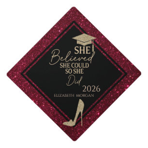  She Believed Gold Glitter High Heels Red Graduation Cap Topper