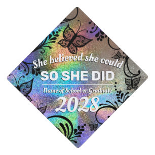 She Believed Holographic Rainbow Black Butterfly Graduation Cap Topper
