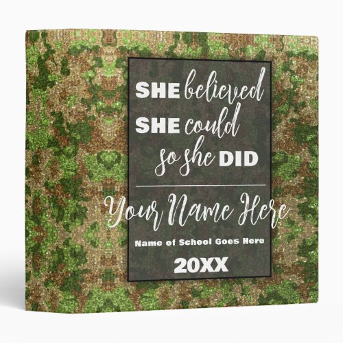 She Believed Military Camouflage Glitter Sparkles 3 Ring Binder
