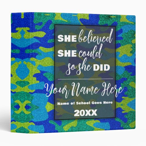 She Believed Military Camouflage Glitter Sparkles 3 Ring Binder
