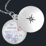 "She believed Motivational Quote Butterfly Locket Necklace<br><div class="desc">"She believed and so she did!"  Inspirational Quote with blue garden flowers and Butterfly with encouraging saying for motivation.  Perfect gift to tell her you believe in her.  Great for Mother's day or birthdays too</div>