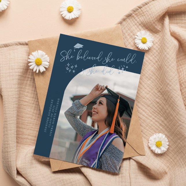 She Believed Navy Blue Graduate Curved Photo Announcement (Creator Uploaded)