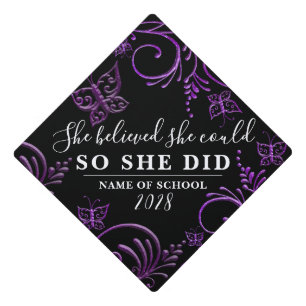 She Believed Purple Black Glitter Floral Butterfly Graduation Cap Topper