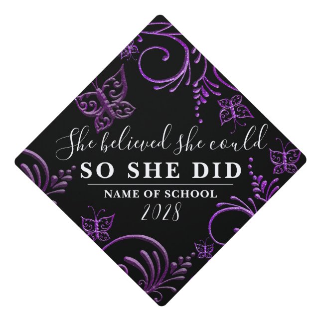 She Believed Purple Black Glitter Floral Butterfly Graduation Cap Topper (Front)