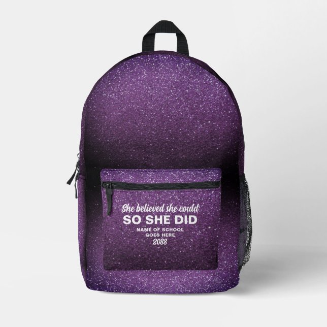 She Believed She Could Aubergine Glitter Sparkles Printed Backpack (Front)