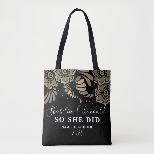She Believed She Could Black Gold Flower Floral Tote Bag (Front)
