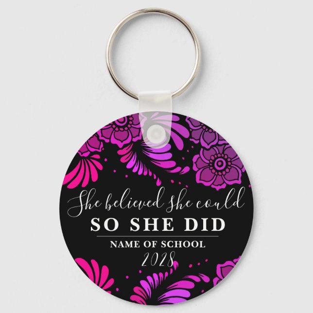 She Believed She Could Black Magenta Flower Floral Keychain (Front)