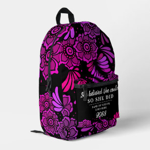 She Believed She Could Black Magenta Flower Floral Printed Backpack