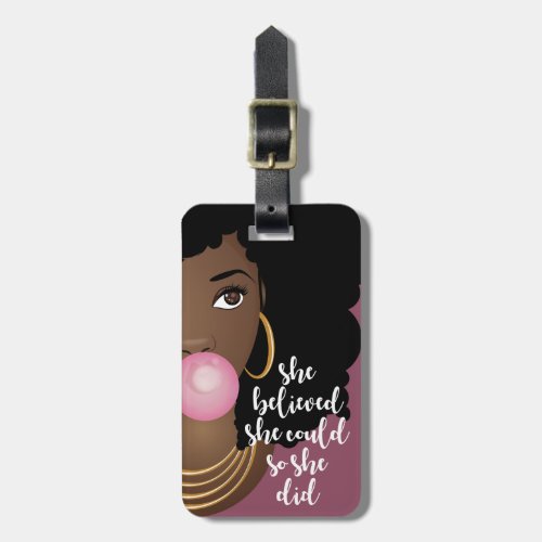 She Believed She Could Black Woman Gum Purple Luggage Tag