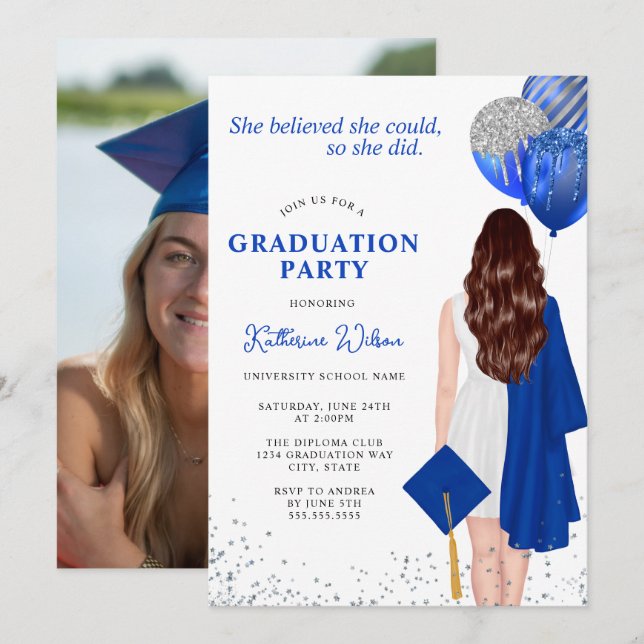 She Believed She Could Blue Photo Graduation Invitation (Front/Back)