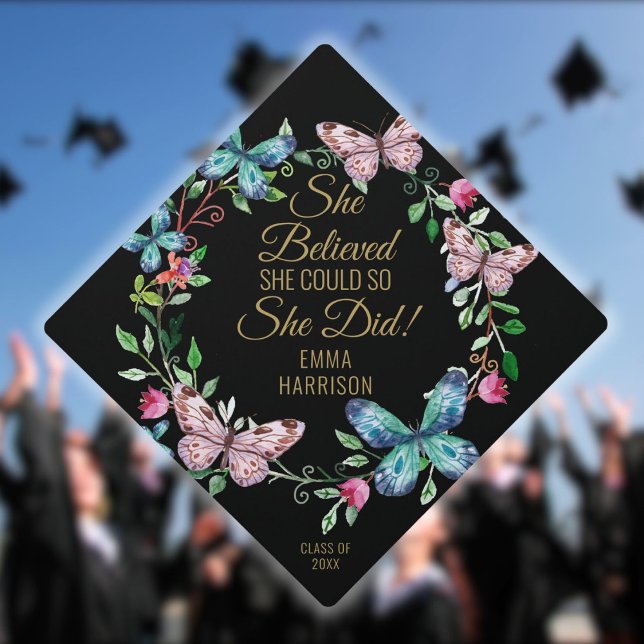She Believed She Could Butterflies Black And Gold Graduation Cap Topper (She Believed She Could Butterflies Black And Gold Graduation Cap Topper)