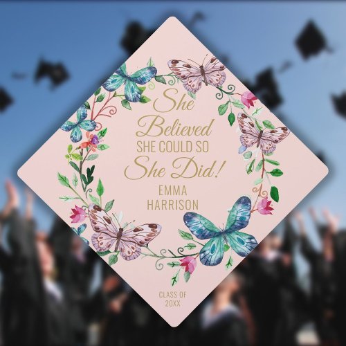 She Believed She Could Butterflies Blush Pink Graduation Cap Topper