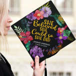 She believed she could colorful tropical flowers graduation cap topper<br><div class="desc">Celebrate your big day with this elegant girly graduation cap topper featuring an inspirational quote that reads "She believed she could, so she did" in yellow modern hand-written fonts, surrounded by a wreath of colorful watercolor tropical flowers and foliage. Easily customize this cap topper with your name and graduation year....</div>