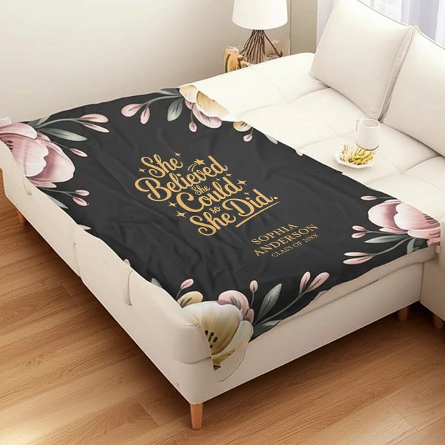 She Believed She Could | Elegant Floral Grad Name Fleece Blanket (Creator Uploaded)