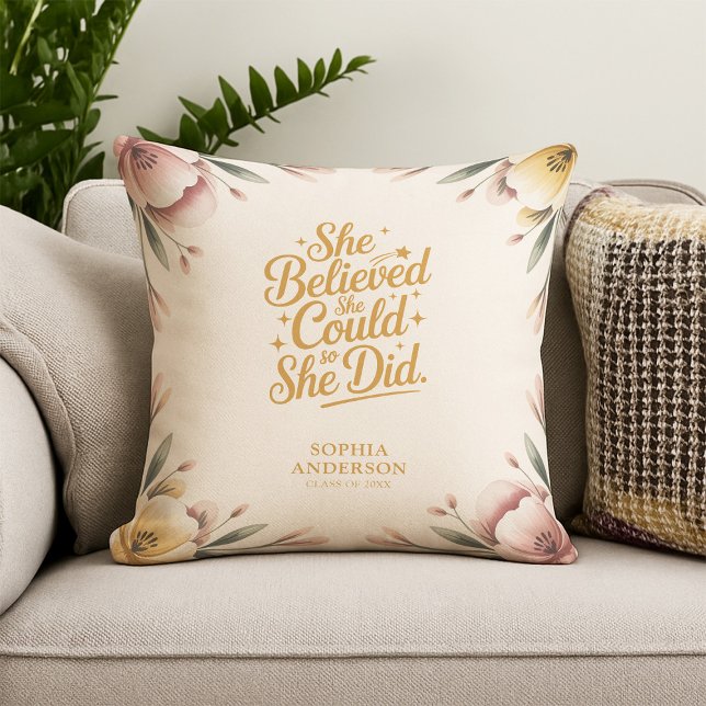 She Believed She Could | Elegant Floral Grad Name Throw Pillow (Creator Uploaded)
