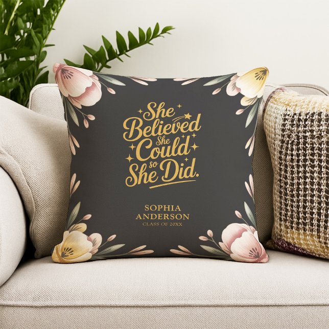 She Believed She Could | Elegant Script Graduation Throw Pillow (Creator Uploaded)
