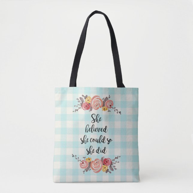 She Believed She Could Flower Gingham Painting Tote Bag (Front)