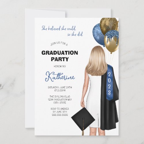 She Believed She Could Girl Blue Graduation Invitation