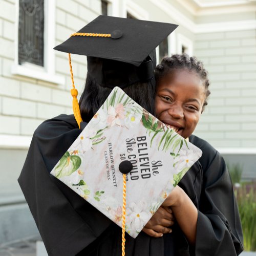 She Believed She Could Inspirational Blush Floral Graduation Cap Topper