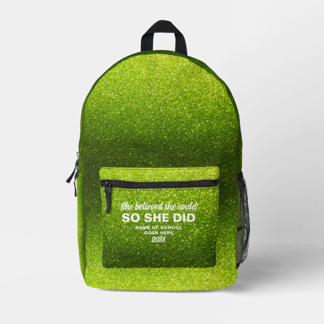 She Believed She Could Lime Green Glitter Sparkles Printed Backpack (Front)