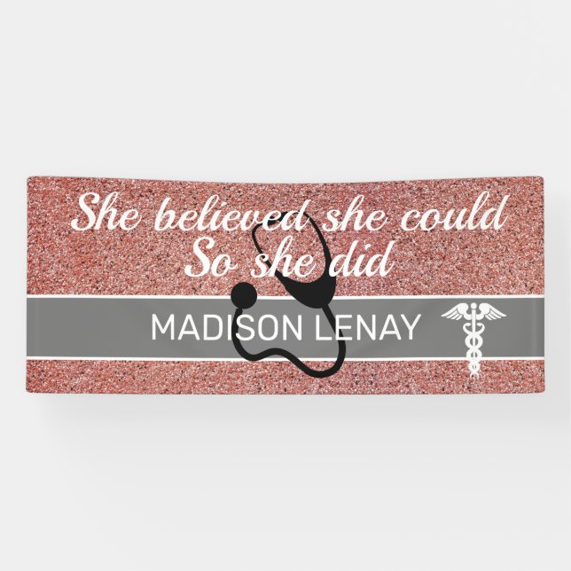 She Believed She Could Nurse Student Pink Glitter Banner (Horizontal)
