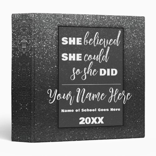 She Believed She Could Ombre Glitter Sparkles 3 Ring Binder